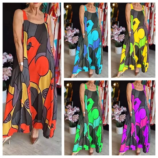 Print Spaghetti Strap Dresses Pocket Loose Long Dress Lady Commuting Clothing Maxi Vestidos Summer New