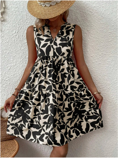 Print V Neck Woman Beach Knee-length Midi Dresses