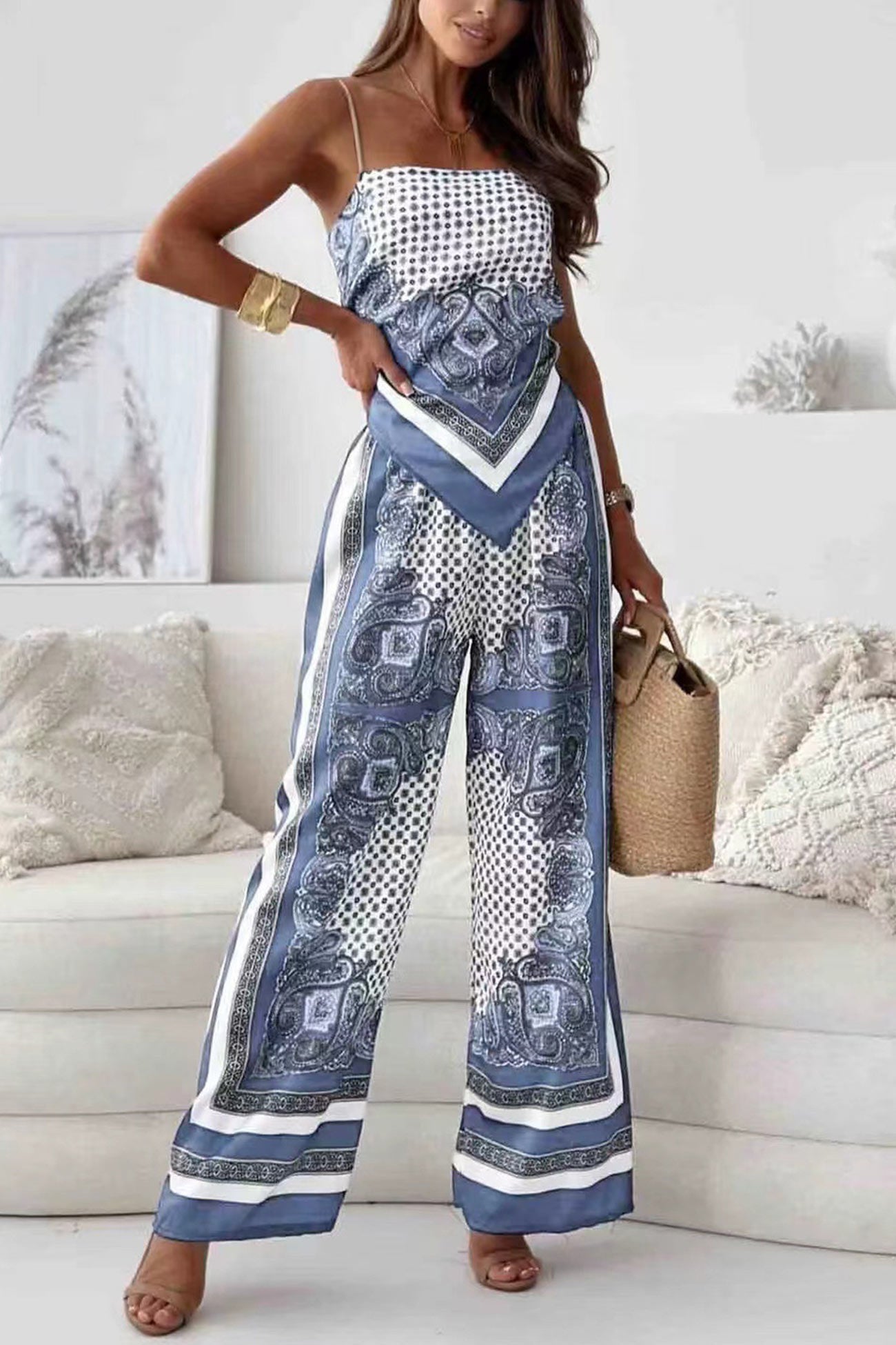 Printed Tie-back Cami Long Pants Set