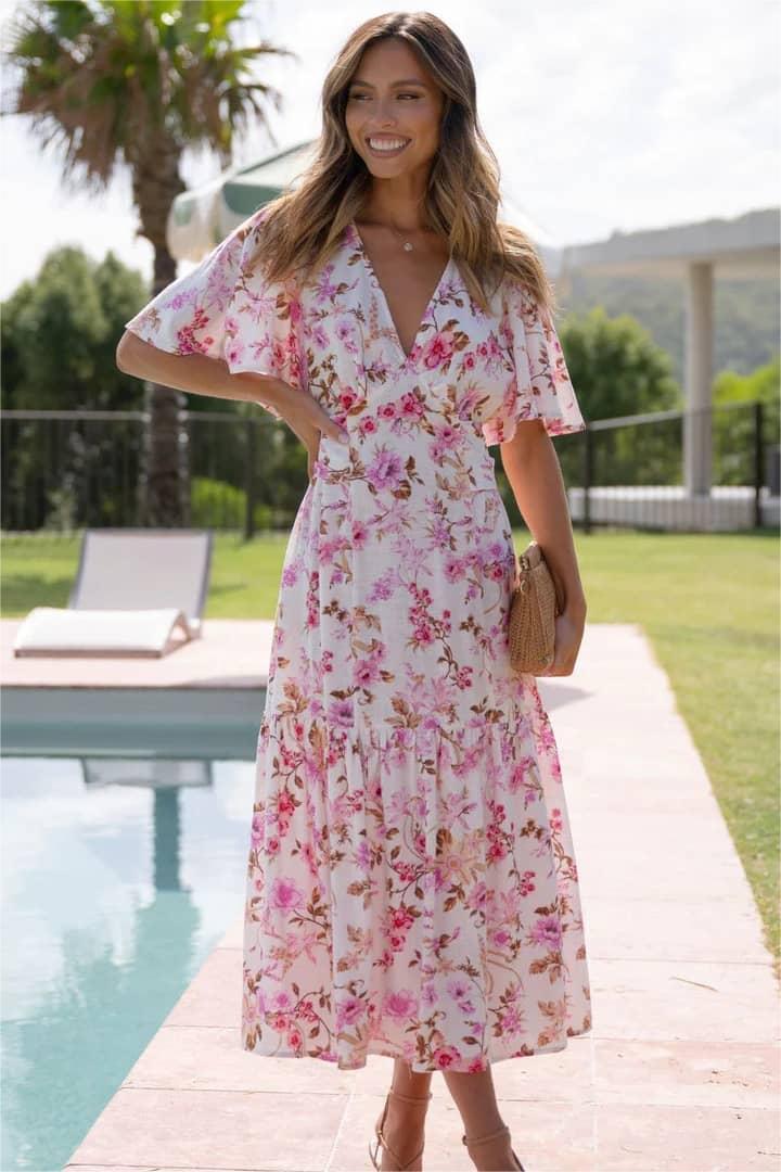 V-neck Mid Sleeve Midi Dress