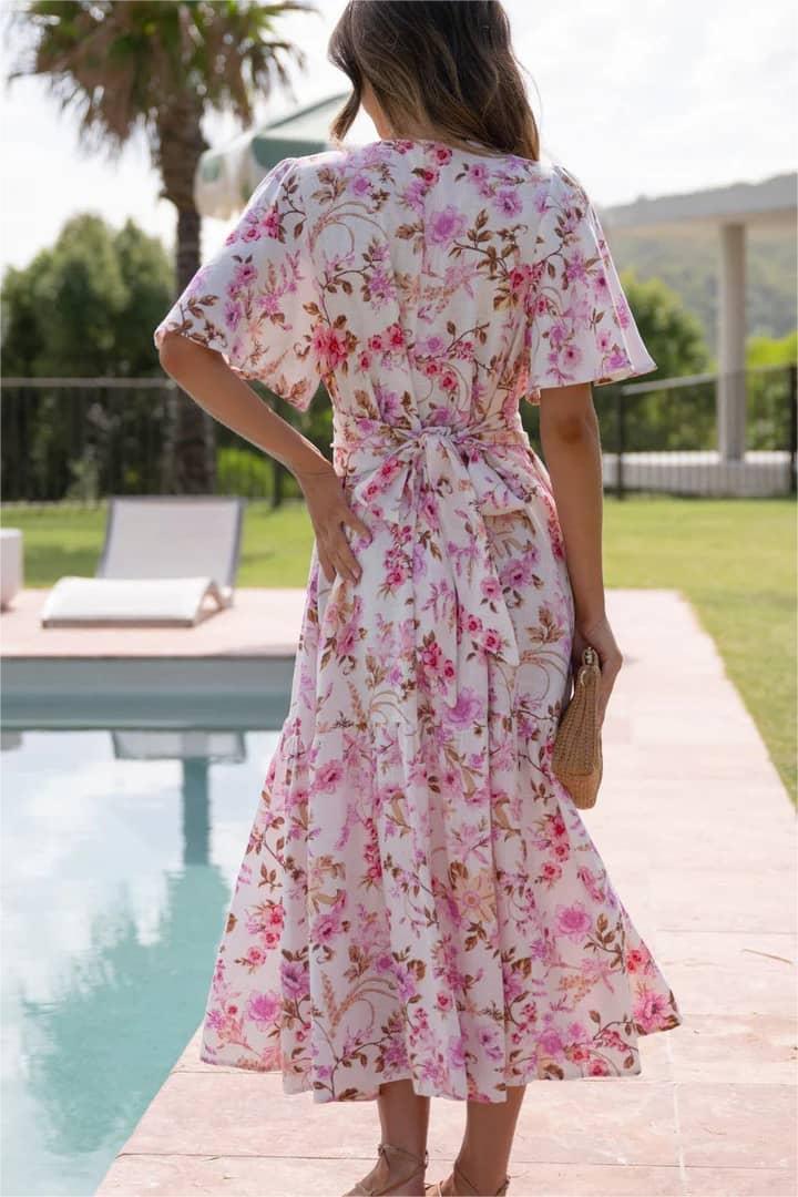 V-neck Mid Sleeve Midi Dress