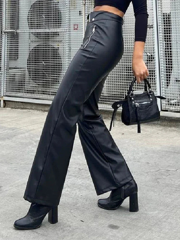 Pu Leather Zipper Soft Straight Leg Y2k High Waist Pants