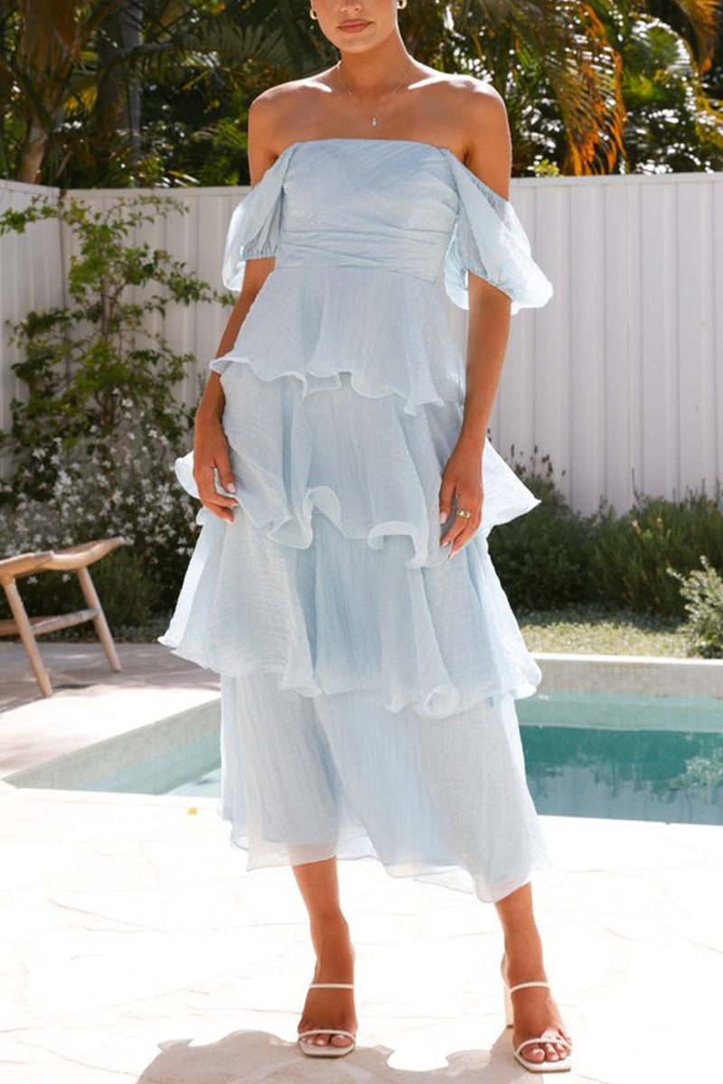Puff Sleeve Backless Tiered Midi Dress
