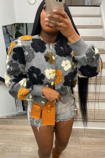 Puff Sleeve Jacquard Cardigan