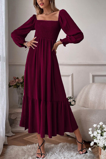 Puff Sleeve Smocked Ruffle Midi Dress