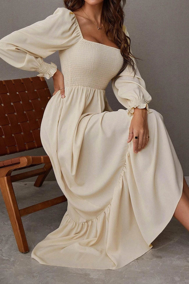 Puff Sleeve Smocked Ruffle Midi Dress