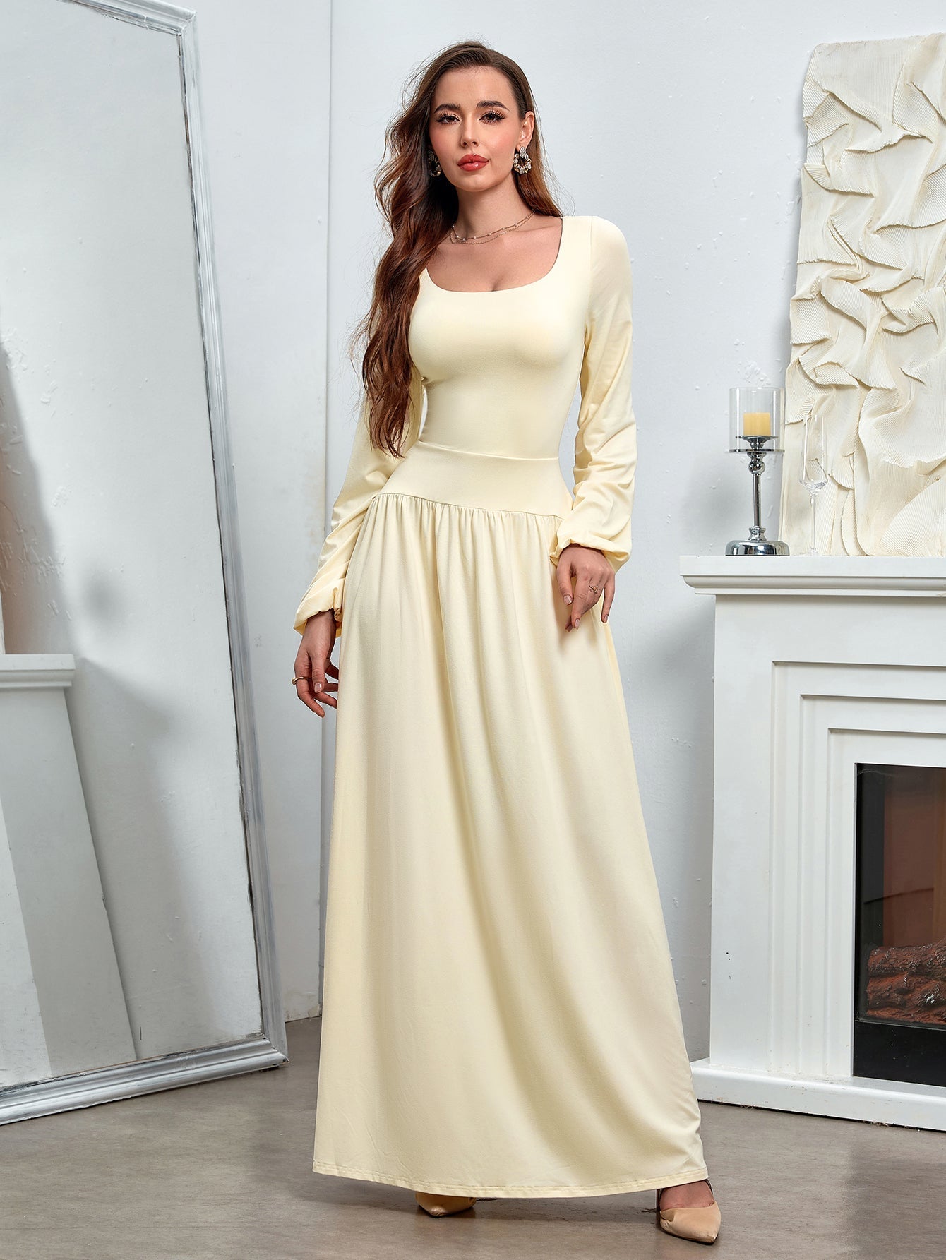 Puff Sleeve Square Neck Flared Bodycon Long Dress