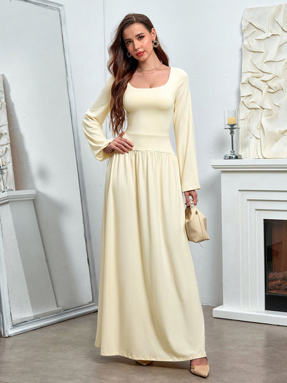 Puff Sleeve Square Neck Flared Bodycon Long Dress
