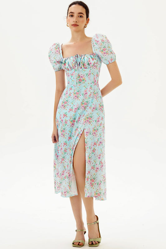 Puff Sleeve Square Neck Slit Midi Dress