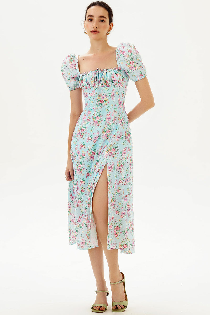 Puff Sleeve Square Neck Slit Midi Dress
