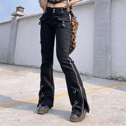 Punk Rivets Zipper Black Cargo Pants Y2k Techwear Leggings Pants