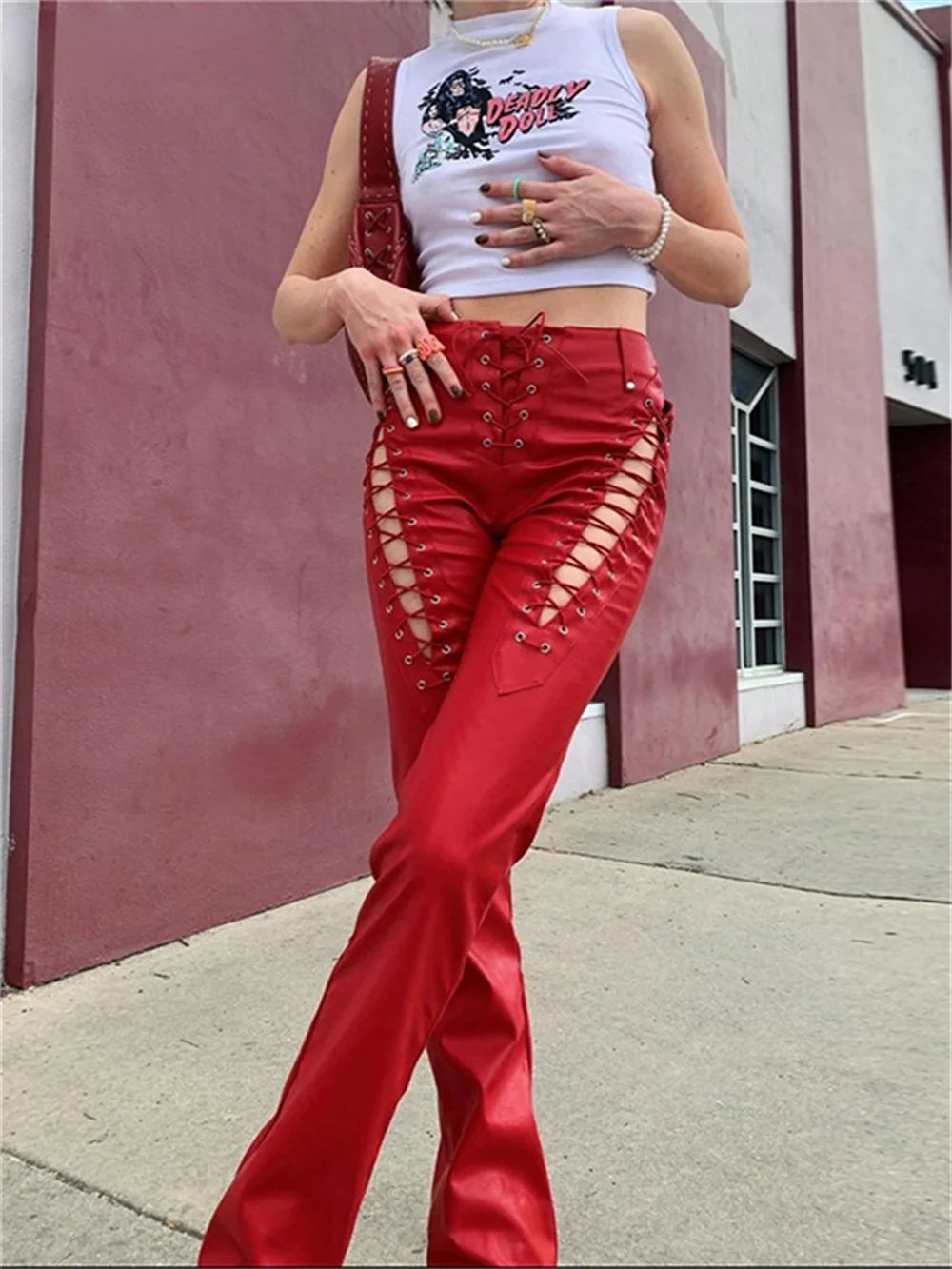 Punk Y2k Bandage Faux Leather Cyber Grunge Fairycore Patchwork Slim Pants
