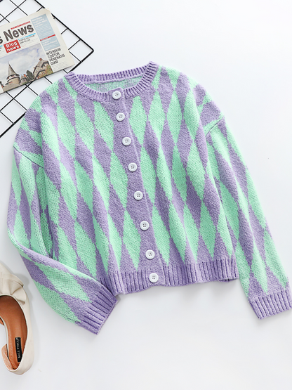 | Felise Chess Patterned Knit Cardigan - Purple
