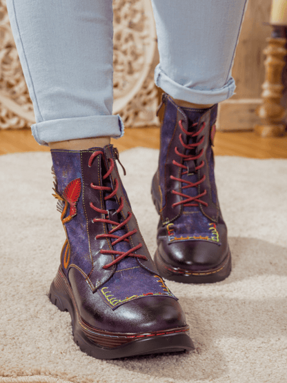 Soffia | Galaxy Leaf Applique Leather Canvas Combat Boot