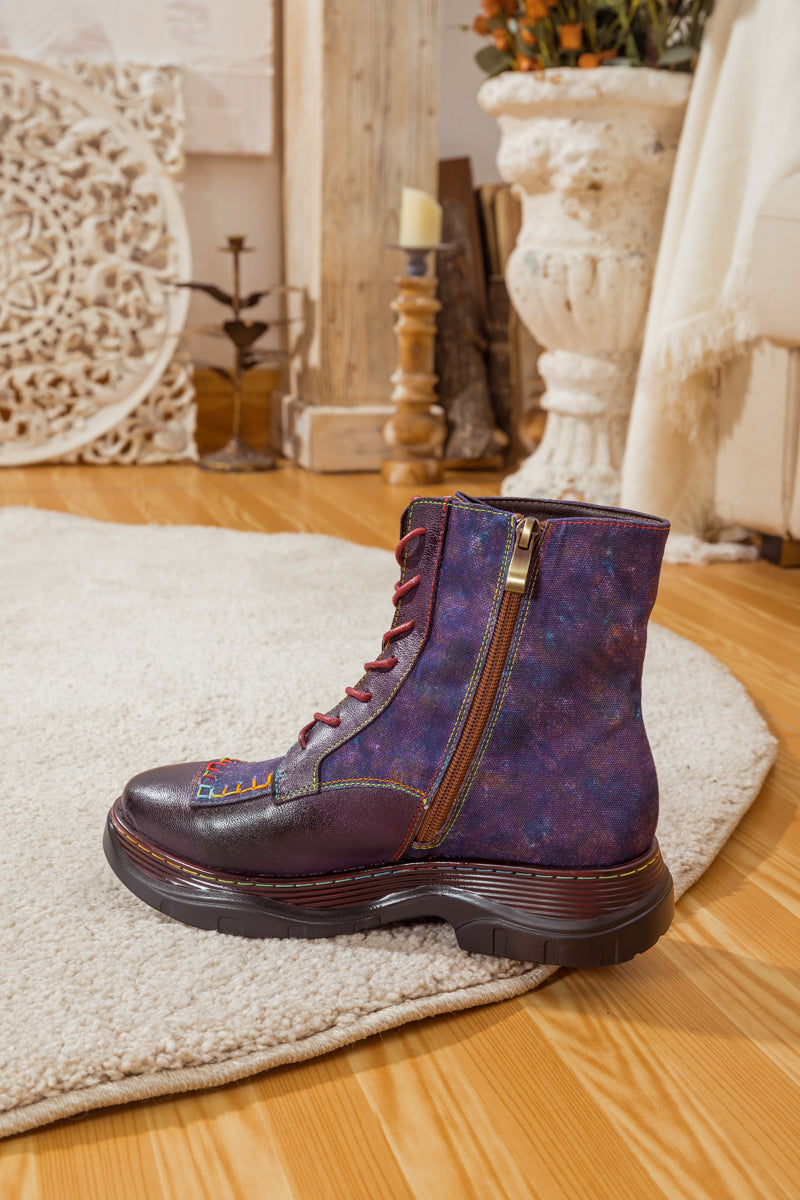 Soffia | Galaxy Leaf Applique Leather Canvas Combat Boot