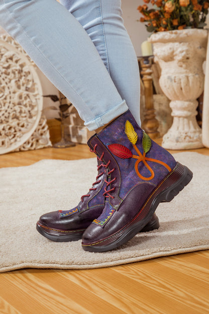Soffia | Galaxy Leaf Applique Leather Canvas Combat Boot