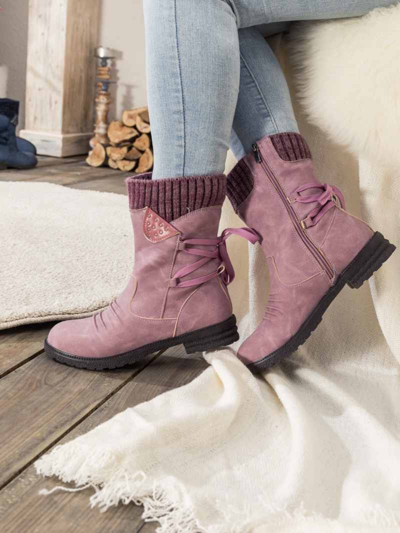 En Bloom | Purple Ruched Back Tie-accent Combat Boot