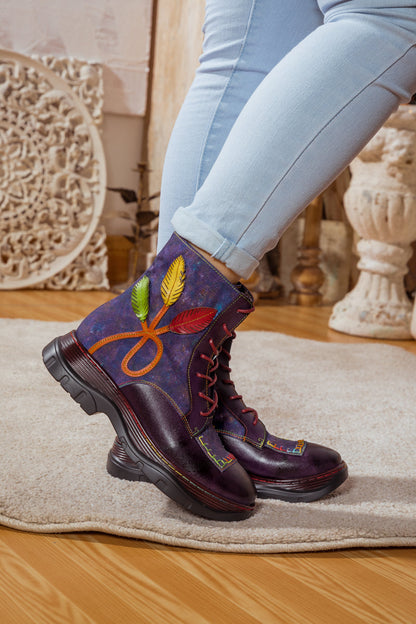 Soffia | Galaxy Leaf Applique Leather Canvas Combat Boot