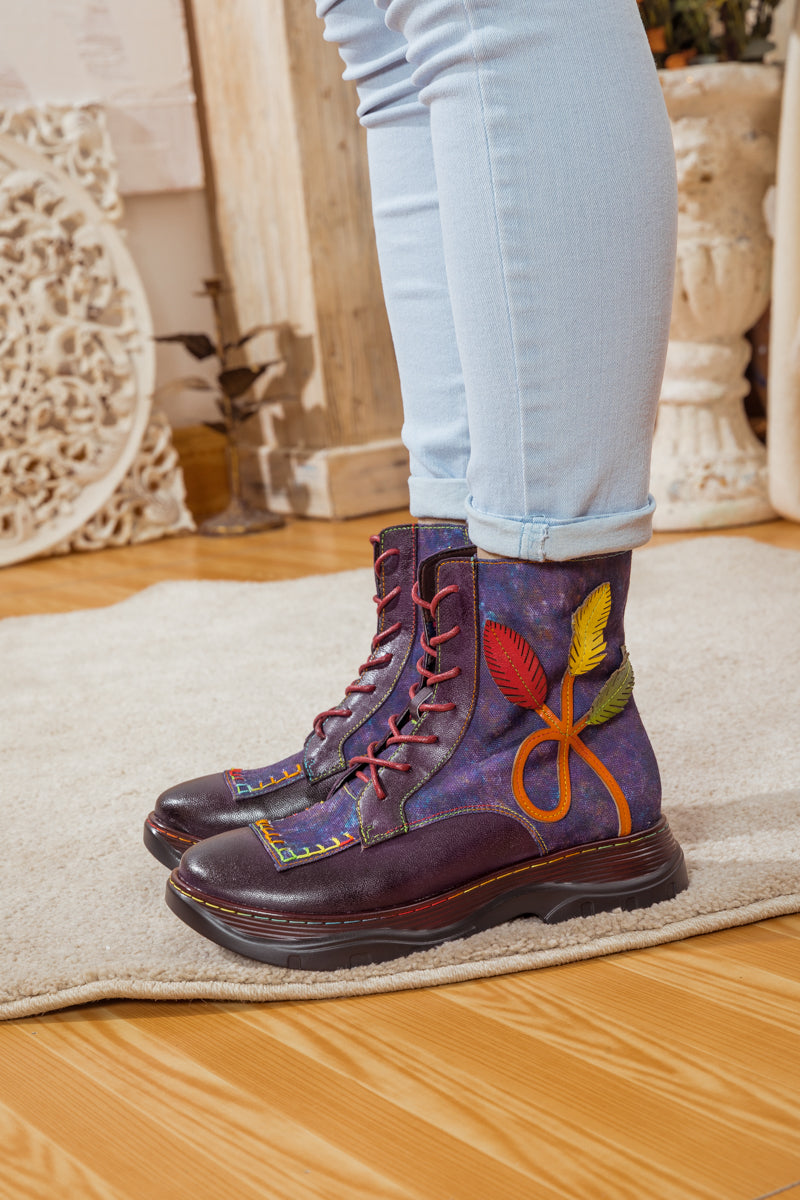 Soffia | Galaxy Leaf Applique Leather Canvas Combat Boot