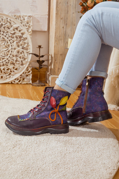 Soffia | Galaxy Leaf Applique Leather Canvas Combat Boot