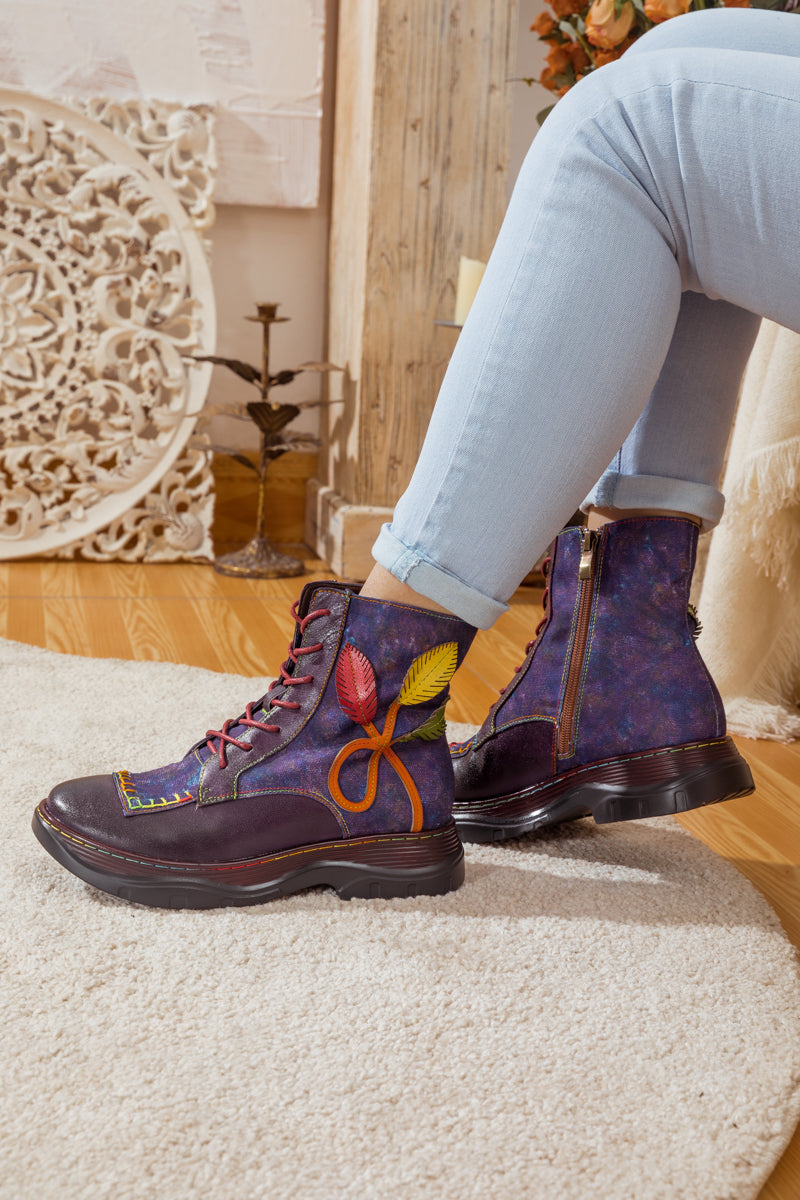 Soffia | Galaxy Leaf Applique Leather Canvas Combat Boot