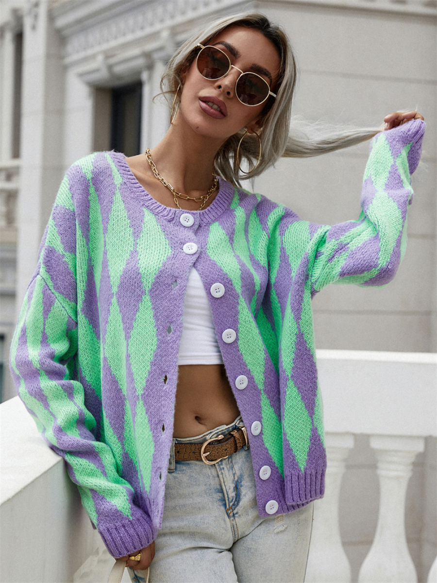 | Felise Chess Patterned Knit Cardigan - Purple