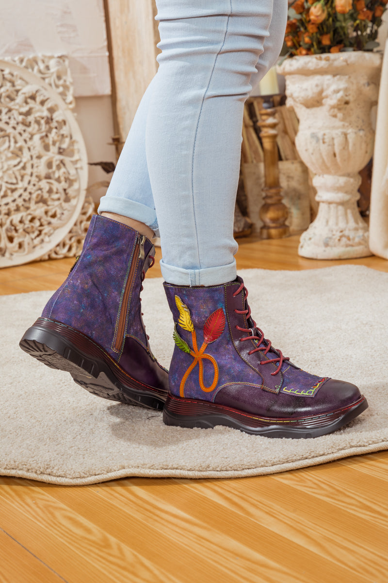 Soffia | Galaxy Leaf Applique Leather Canvas Combat Boot