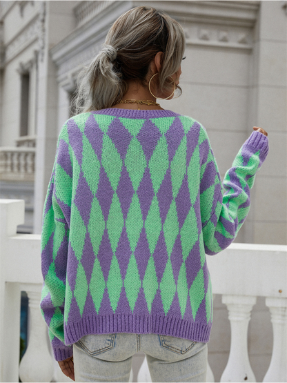 | Felise Chess Patterned Knit Cardigan - Purple