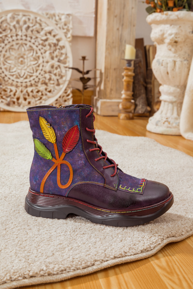 Soffia | Galaxy Leaf Applique Leather Canvas Combat Boot