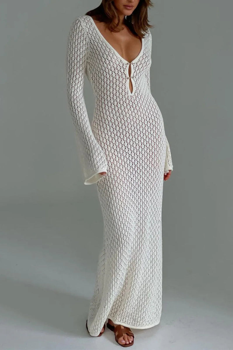 Qearl White Long Sleeve Open Back Maxi Dress