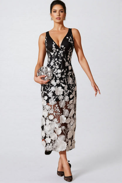 Ziska V Neck Flower Embroidered Midi Dress
