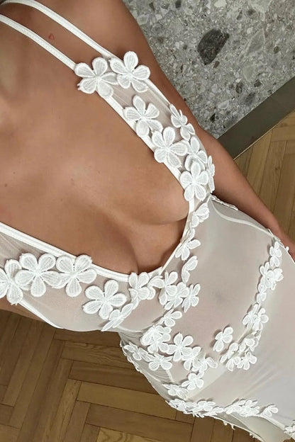 Rada White 3d Flower Sheer Vacation Split Maxi Dress