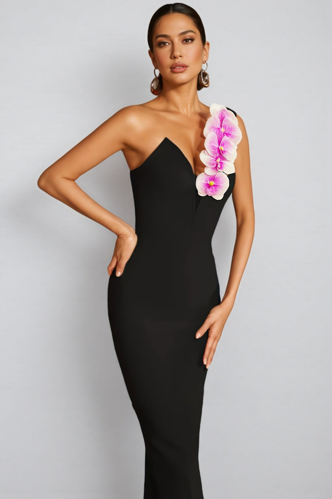 Xaeli One Shoulder Flower Bandage Maxi Dress