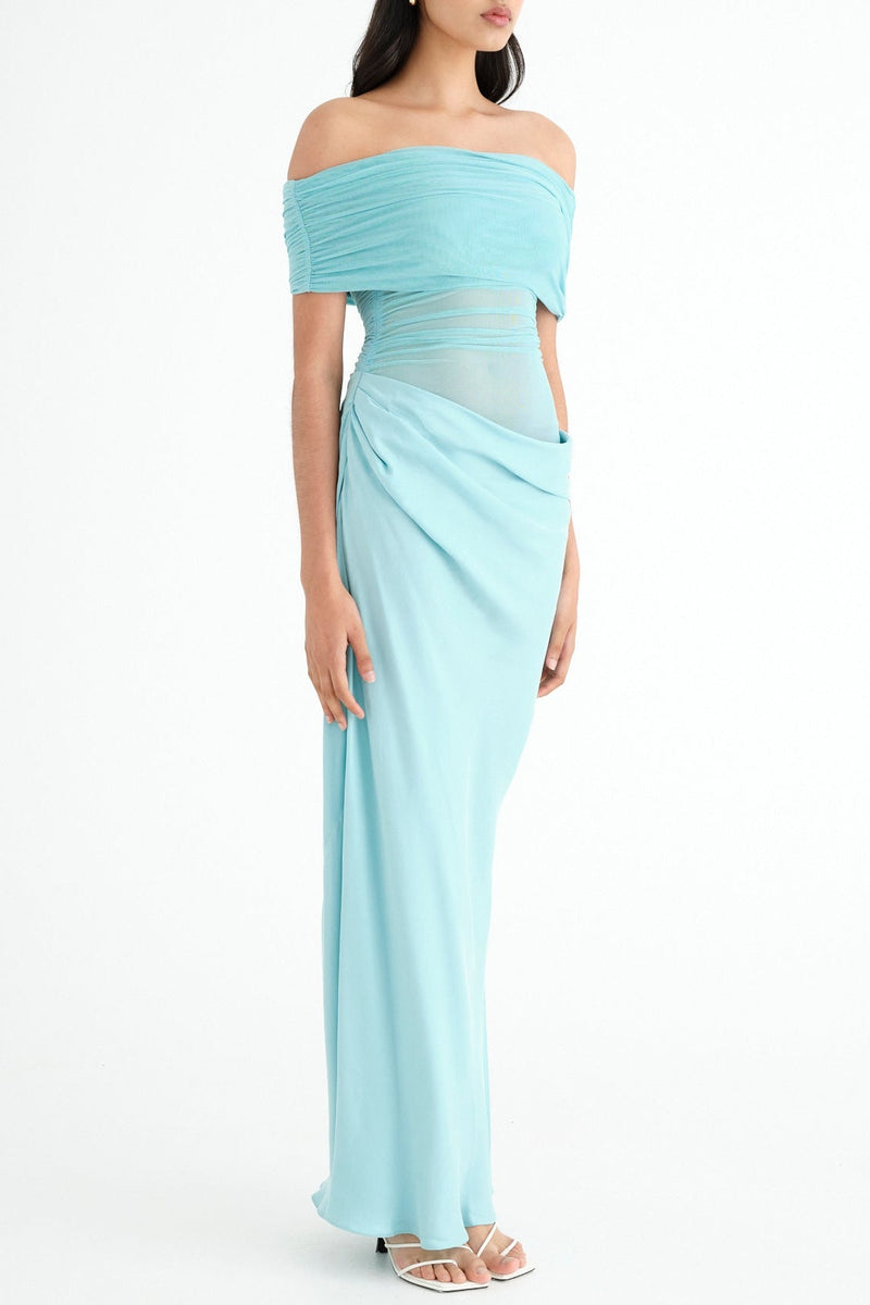 Reanko Off Shoulder Ruched Mesh Maxi Dress - Blue