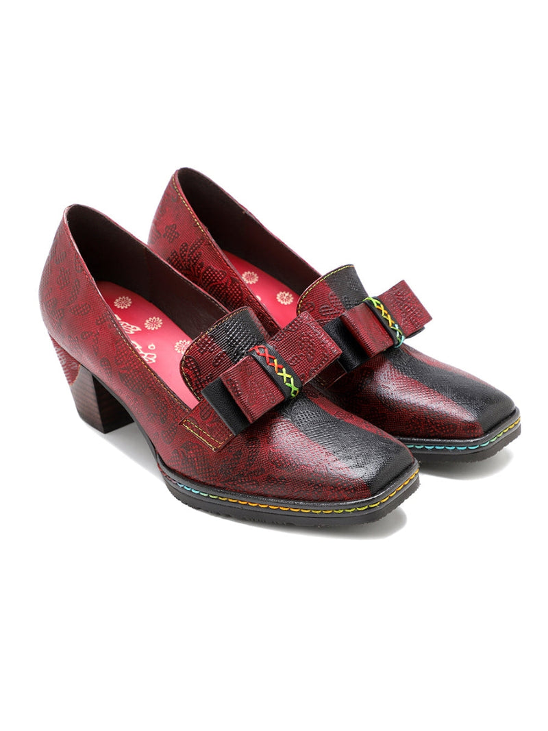 Soffia | Rainbow Stitch Bow Embossed Leather Pump
