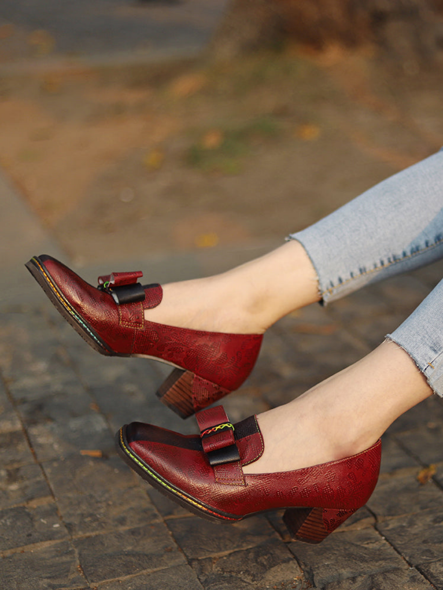 Soffia | Rainbow Stitch Bow Embossed Leather Pump