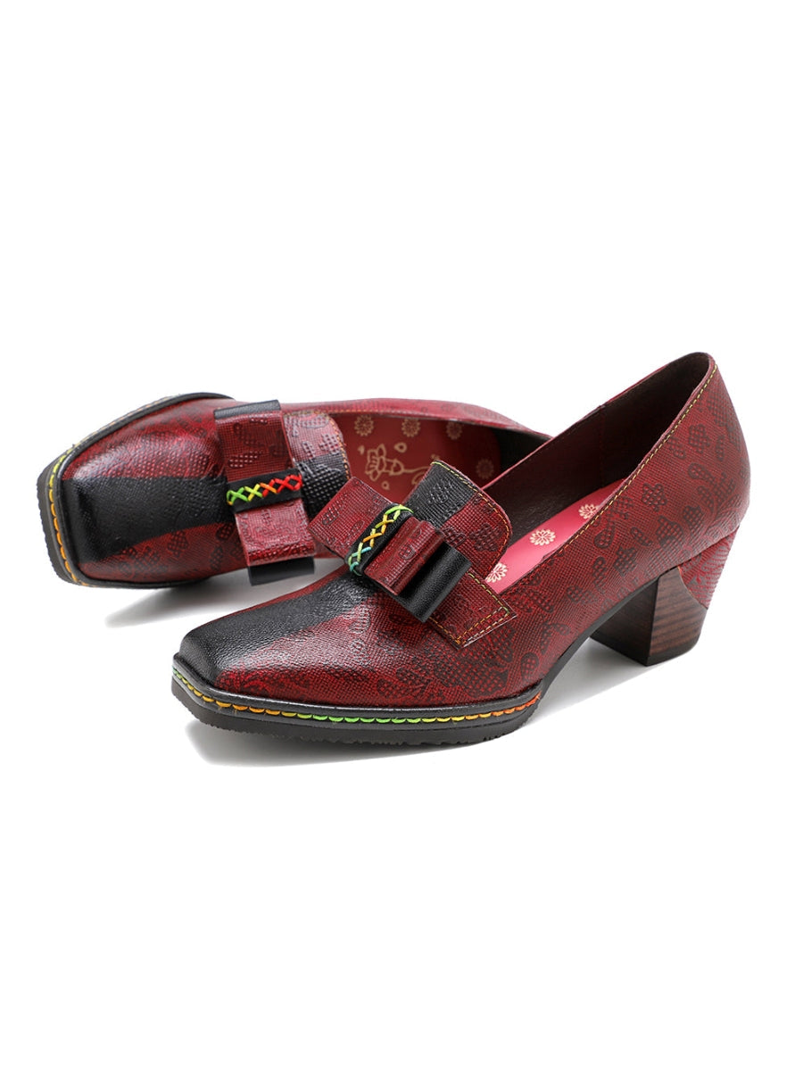 Soffia | Rainbow Stitch Bow Embossed Leather Pump