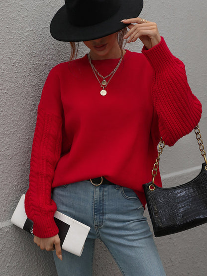 Braided Sleeve Knit Sweater - Red