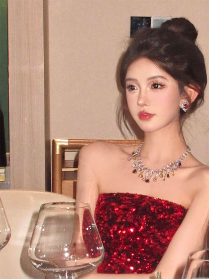 Red Feather Sequin Strapless Dress _ Party Night Mini Dress