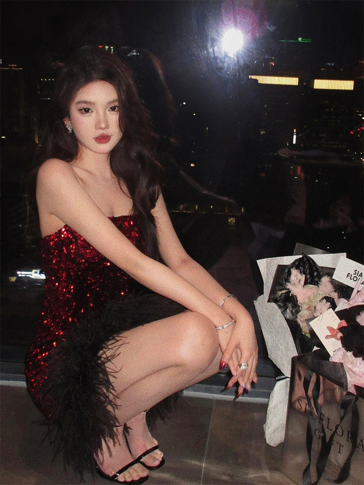 Red Feather Sequin Strapless Dress _ Party Night Mini Dress