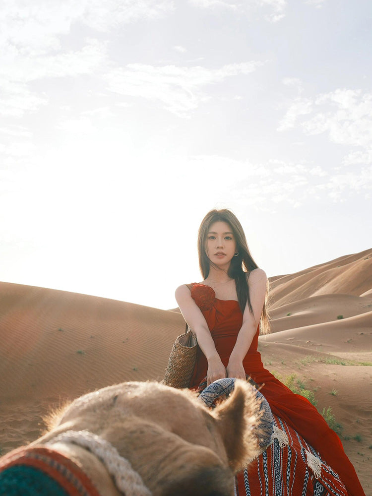 Red One-shoulder Maxi Dress _ Romantic & Bold Desert Look