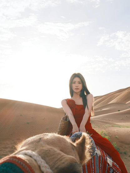 Red One-shoulder Maxi Dress _ Romantic & Bold Desert Look