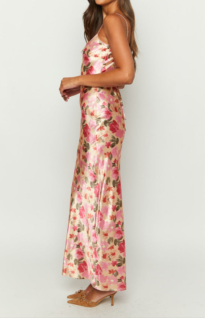 Lilla Yellow Print Satin Maxi Dress
