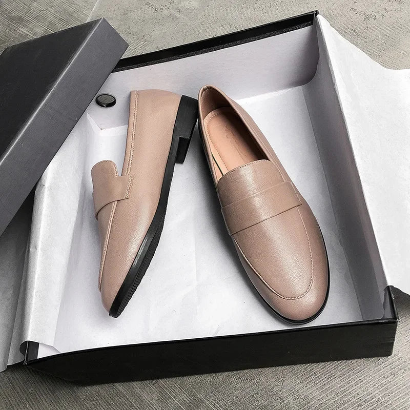 Retro Leather Round Toe Office Work Slip on Flats Loafers