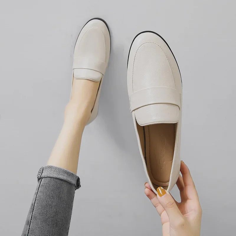 Retro Leather Round Toe Office Work Slip on Flats Loafers