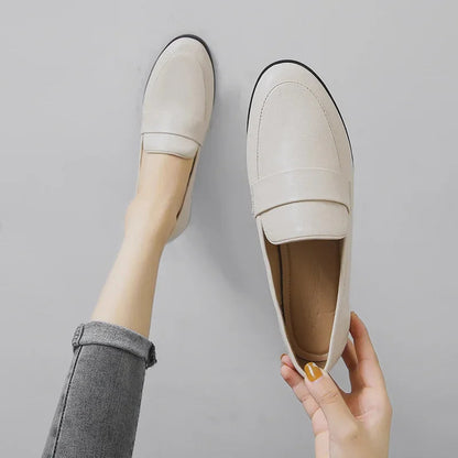 Retro Leather Round Toe Office Work Slip on Flats Loafers
