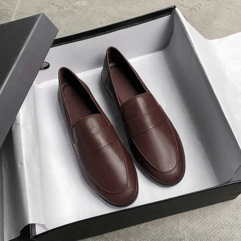 Retro Leather Round Toe Office Work Slip on Flats Loafers