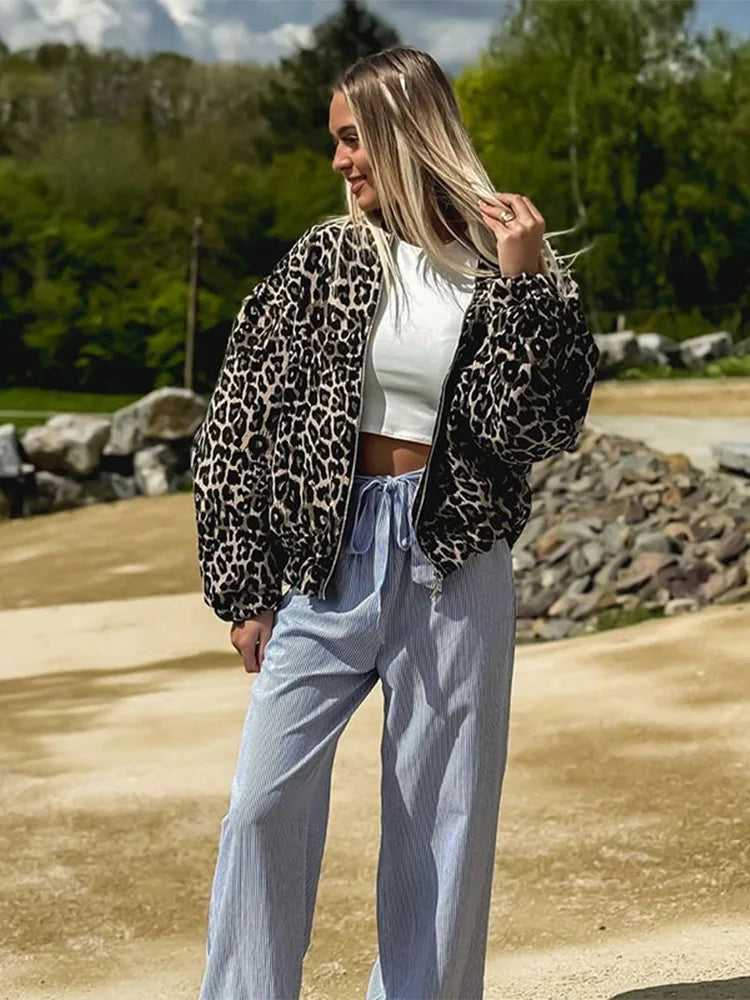Retro Leopard Print Cotton Autumn O-neck Long Sleeve Zipper Warm Coat