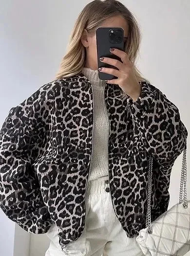 Retro Leopard Print Cotton Autumn O-neck Long Sleeve Zipper Warm Coat