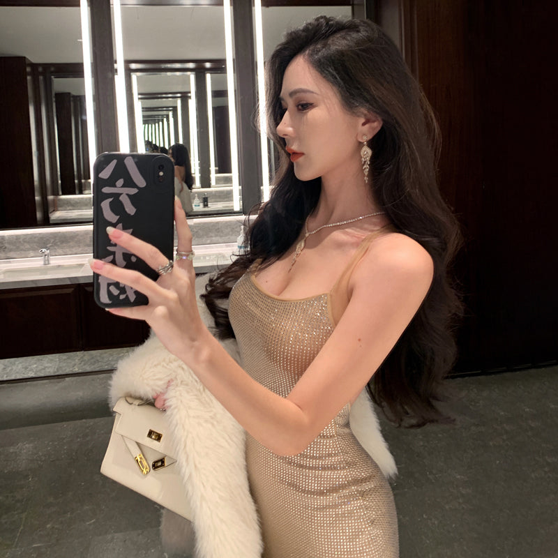Rhinestone-embellished Slip Dress _ Party Night Maxi Dress